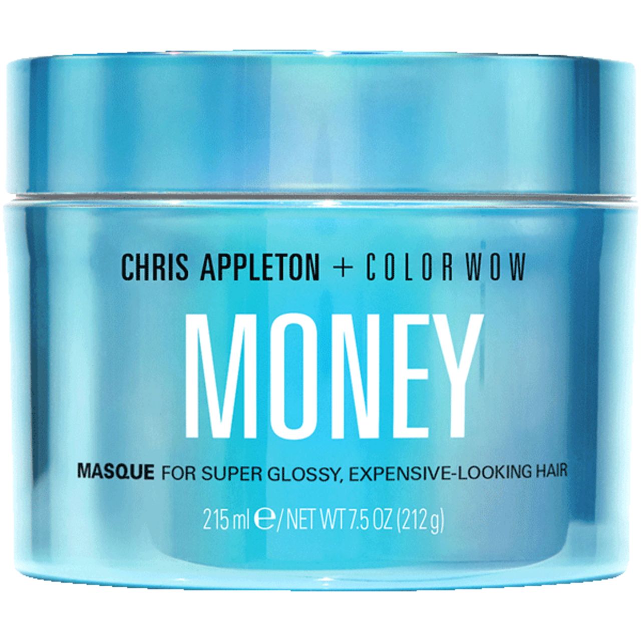 Vaso blu con scritta "CHRIS APPLETON + COLOR WOW MONEY MASQUE". Testo: "MASQUE FOR SUPER GLOSSY, EXPENSIVE-LOOKING HAIR".