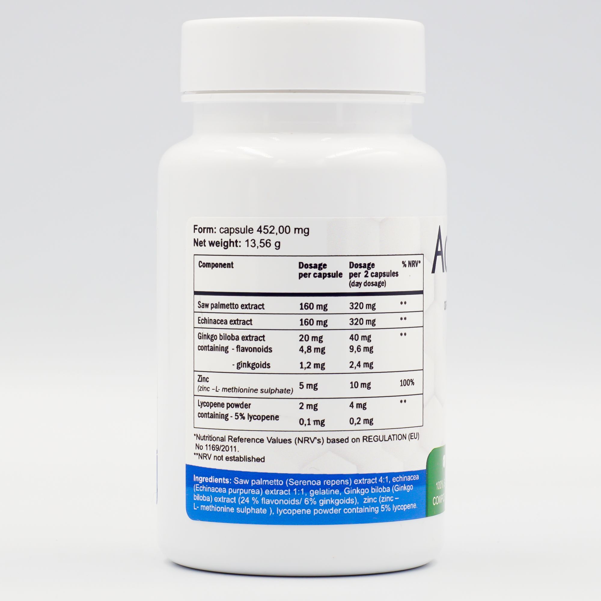 Flacone bianco di capsule con etichetta. Tabella ingredienti visibile. Testo: Saw Palmetto, Echinacea, Ginkgo Biloba, Zinco, L-metionina.