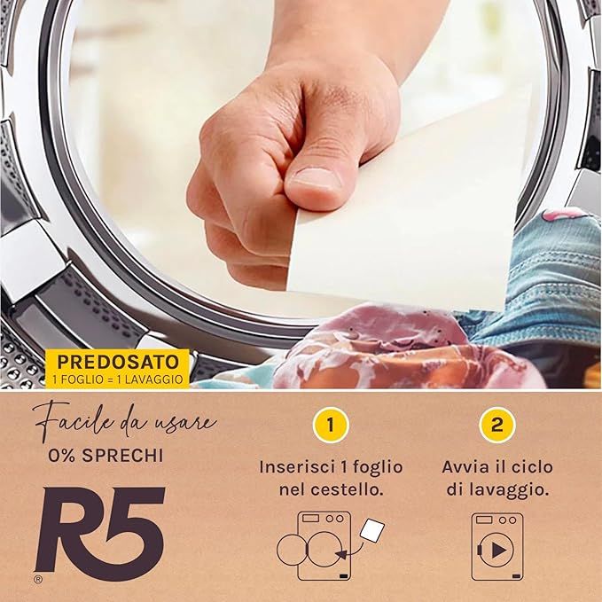 Mano che mette un foglio di detersivo nel cestello della lavatrice. Testo: "Predosato 1 foglio = 1 lavaggio". Illustrazioni d'uso.