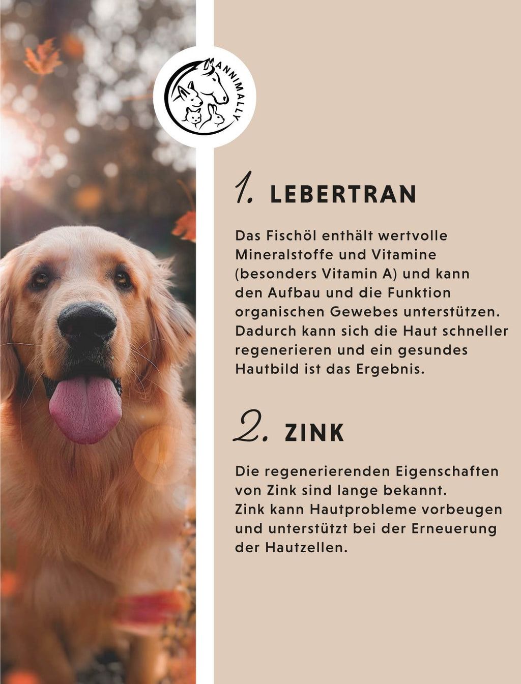 Testo con logo e cane. Testo: Olio di fegato di merluzzo, zinco, calendula. Descrive gli ingredienti e i loro effetti sulla pelle.