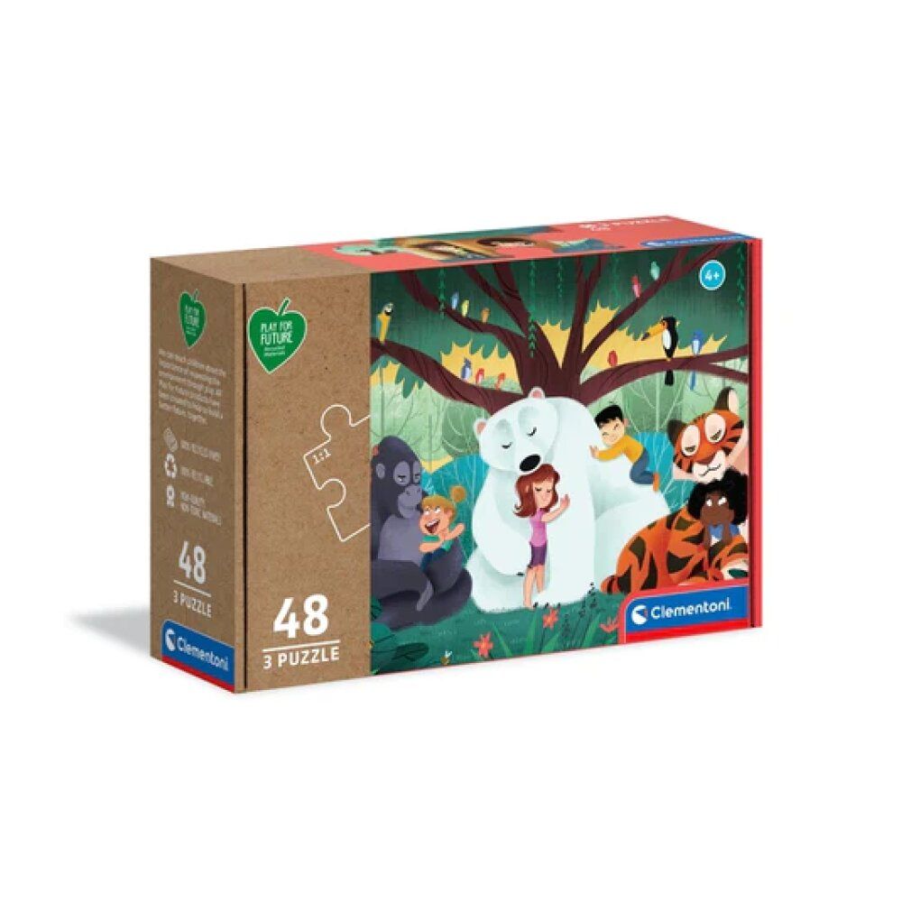Scatola puzzle con illustrazioni di animali e bambini. Contiene 3 puzzle da 48 pezzi ciascuno. Marchio: Clementoni.