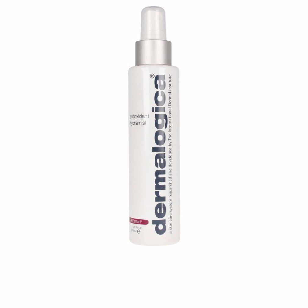 Flacone bianco con vaporizzatore. Scritta: antioxidant hydramist. Marchio: Dermalogica. Striscia rossa con testo.