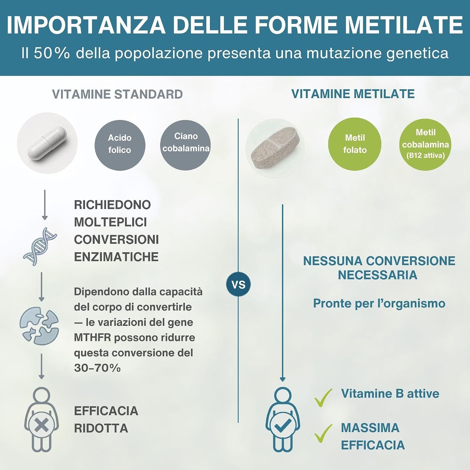 Confronto tra vitamine standard e metilate, con focus sul gene MTHFR.