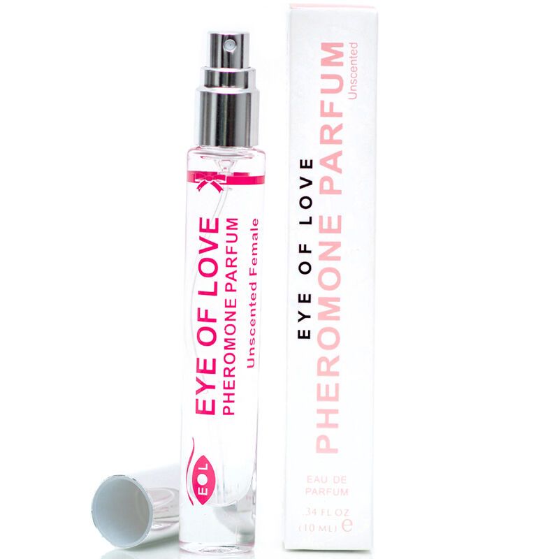 Flacone di profumo e confezione. Scritta: EYE OF LOVE PHEROMONE PARFUM Unscented. Flacone con vaporizzatore e tappo.