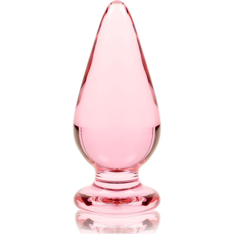 Plug anale in vetro rosa con base larga, lungo 11 cm, largo 5 cm.
