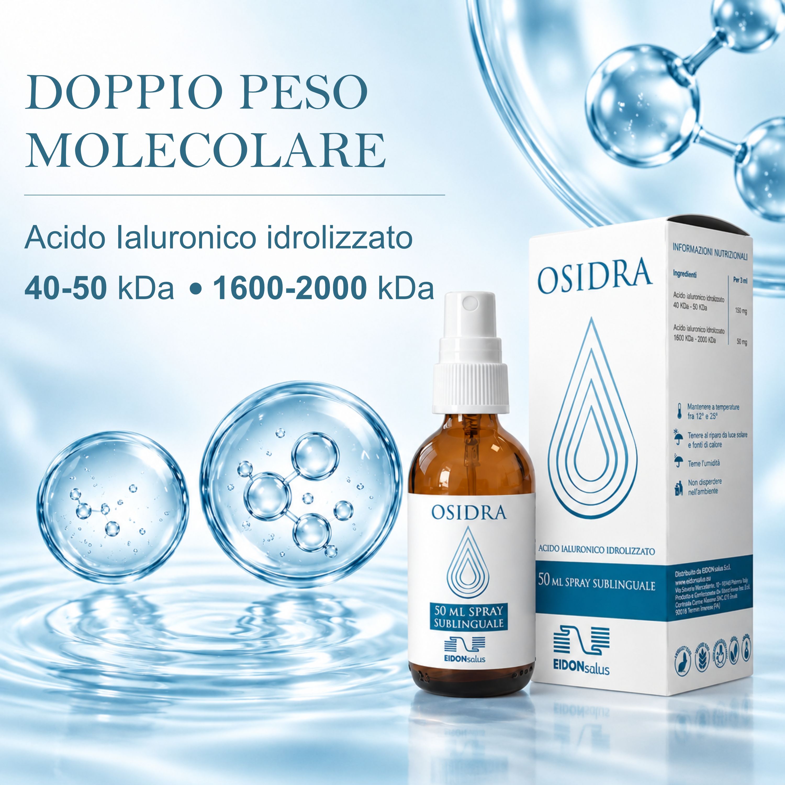 Spray OSIDRA: flacone e scatola. Strutture molecolari e gocce d'acqua sullo sfondo. "Doppio Peso Molecolare".
