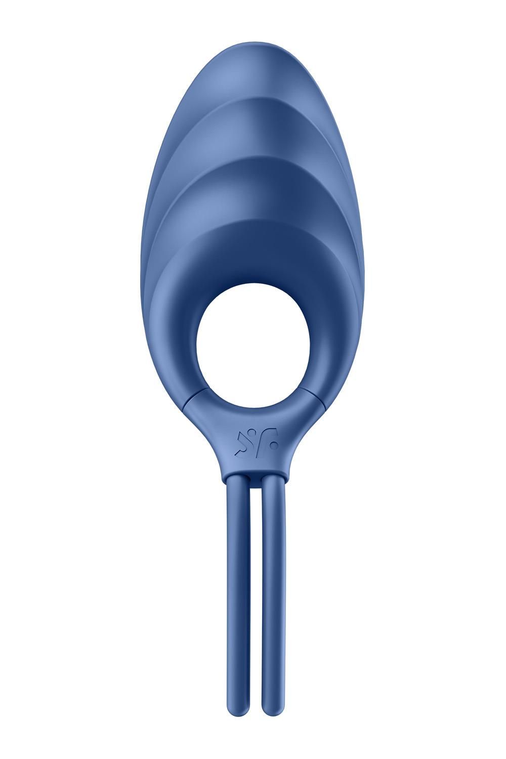 Vibratore ad anello blu con superficie scanalata e due steli. Forma ovale con foro centrale.