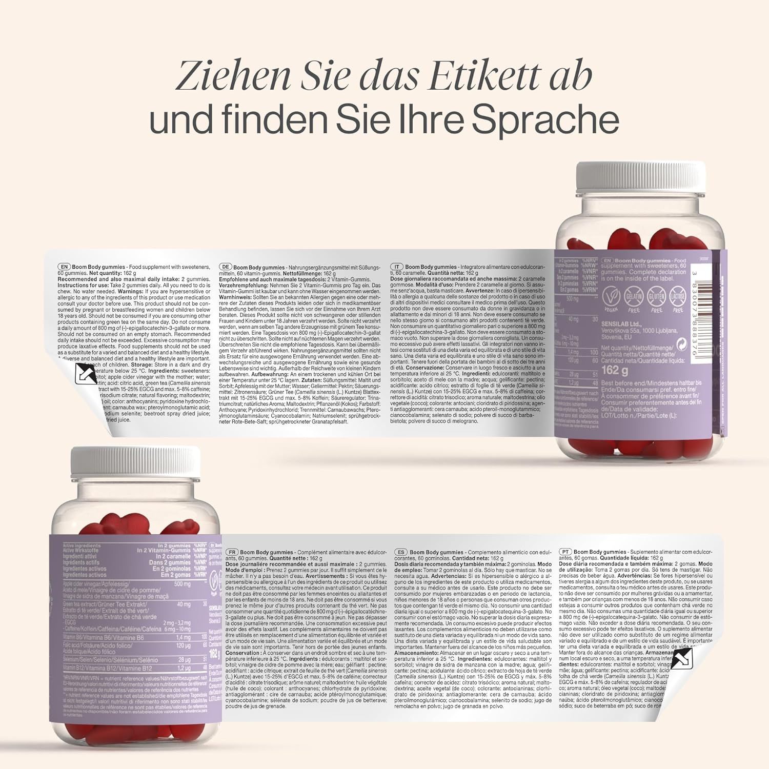 Due confezioni di caramelle gommose Boom Body. Etichetta in fase di rimozione. Contiene informazioni sugli ingredienti e sul valore nutrizionale.