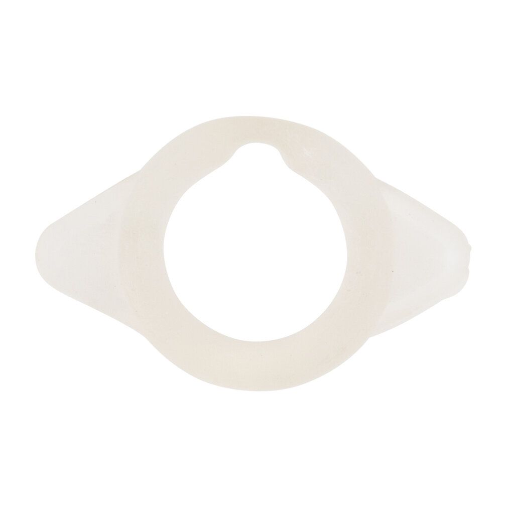 Un singolo anello trasparente. Apertura rotonda, due rigonfiamenti laterali. Su sfondo bianco.