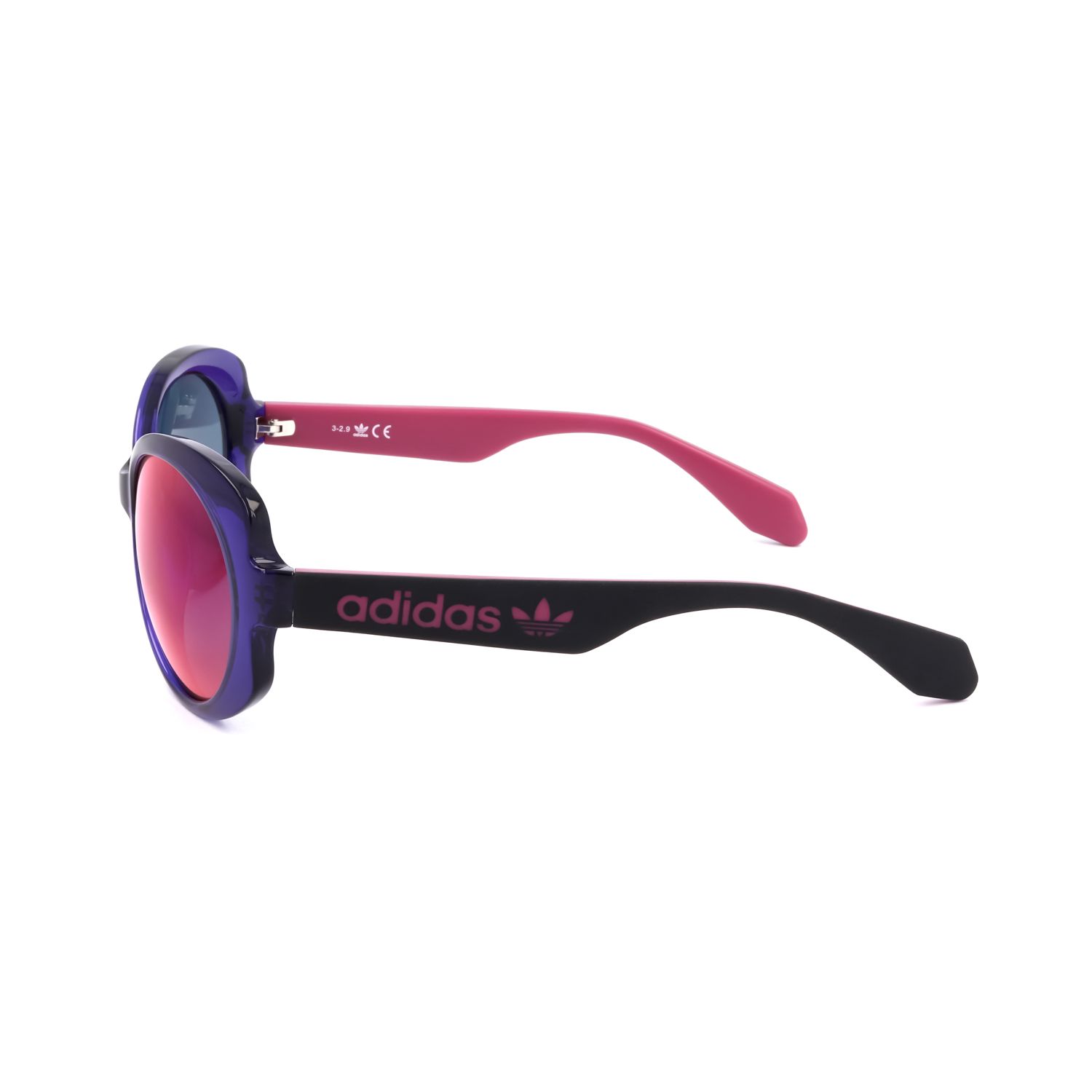 Occhiali da sole Adidas viola e rosa con lenti rotonde a specchio e logo Adidas sul
terminale.