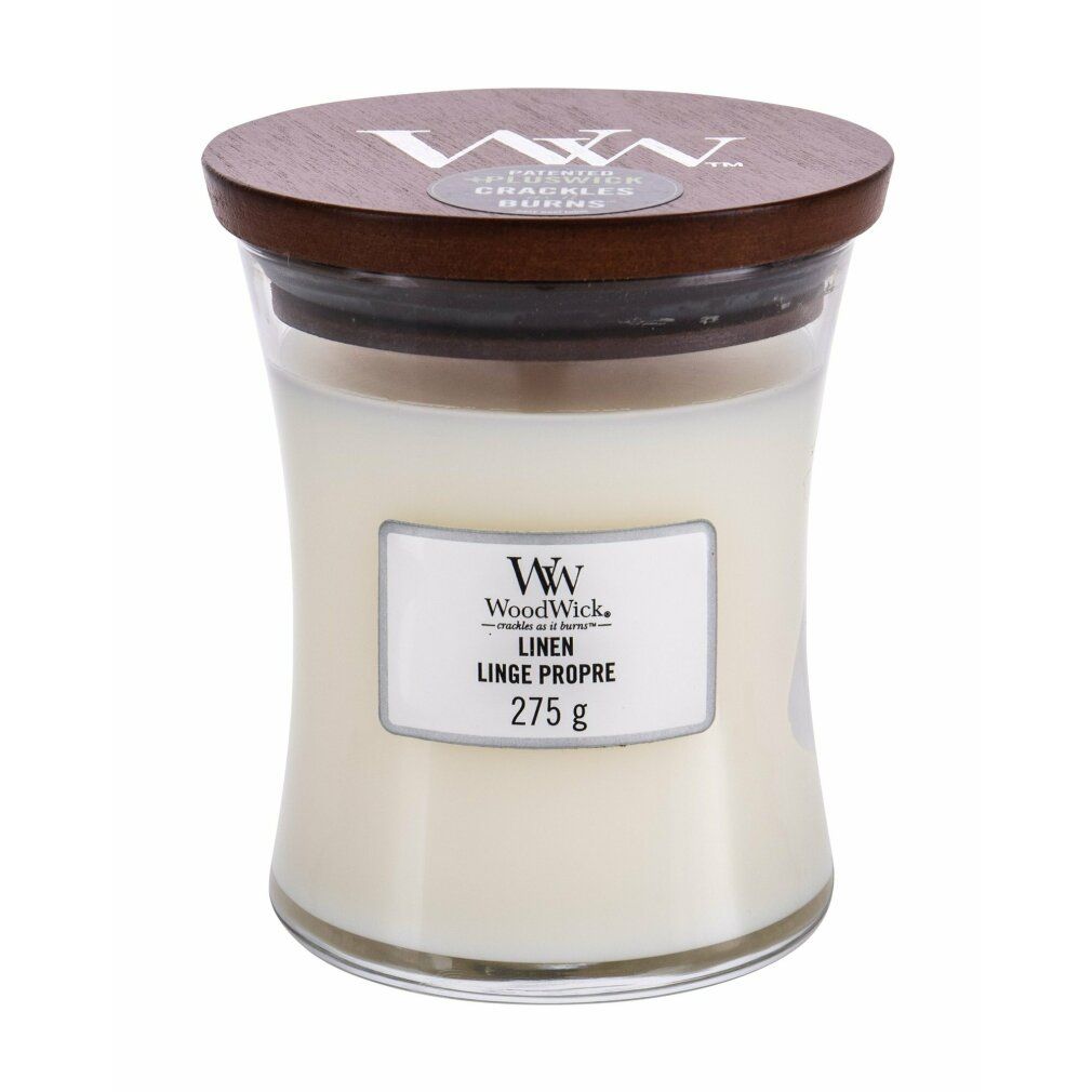 Candela a forma di clessidra con coperchio. L'etichetta riporta "Linen Linge Propre" e il logo WoodWick. Peso: 275 g.