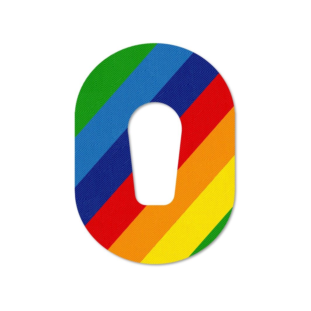 Cerotto di fissaggio arcobaleno con foro. Forma ovale con strisce diagonali nei colori dell'arcobaleno.