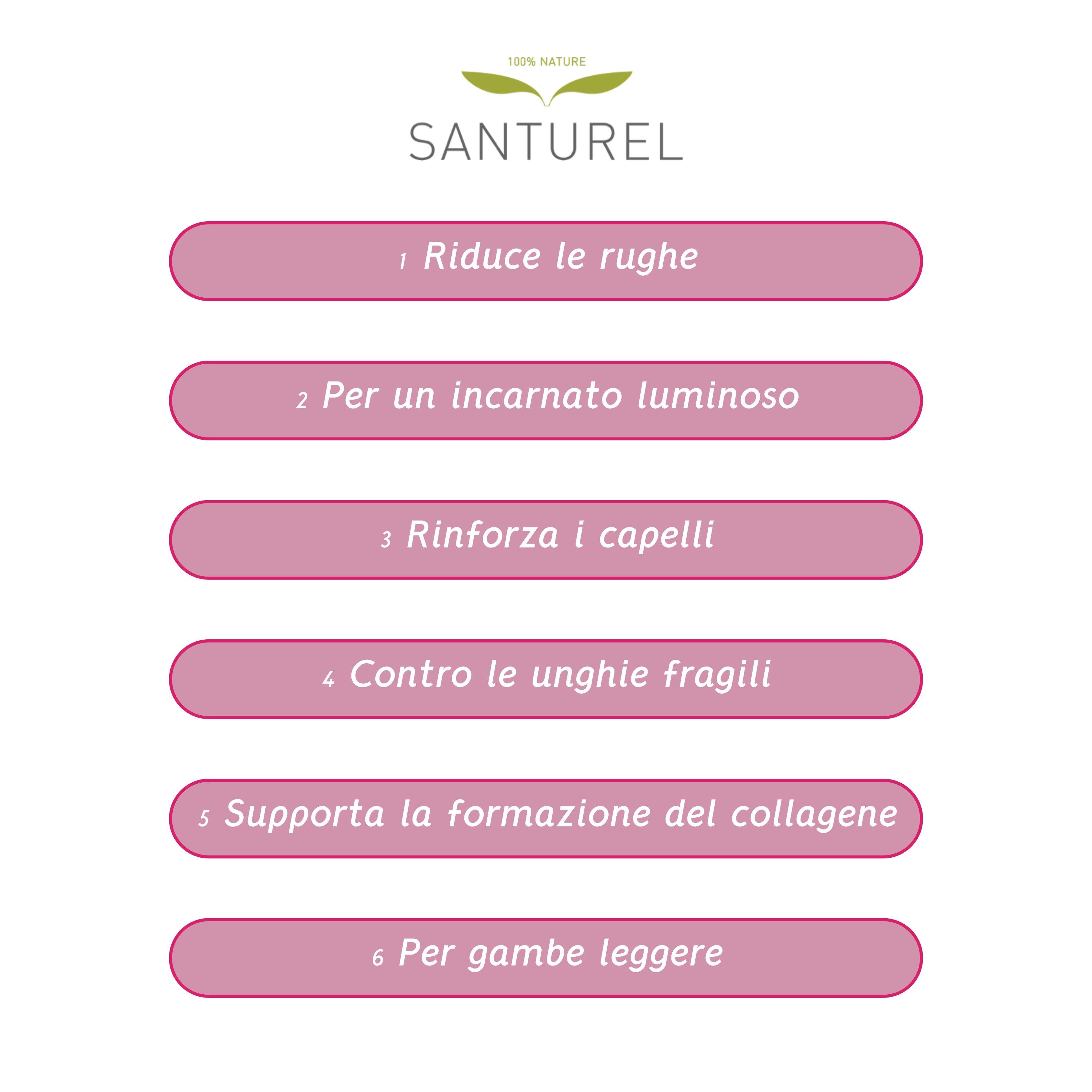 Lista di 6 benefici di Collagen Beauty: Riduce le rughe, per un incarnato luminoso, rinforza i capelli, contro le unghie fragili, supporta la formazione del collagene.