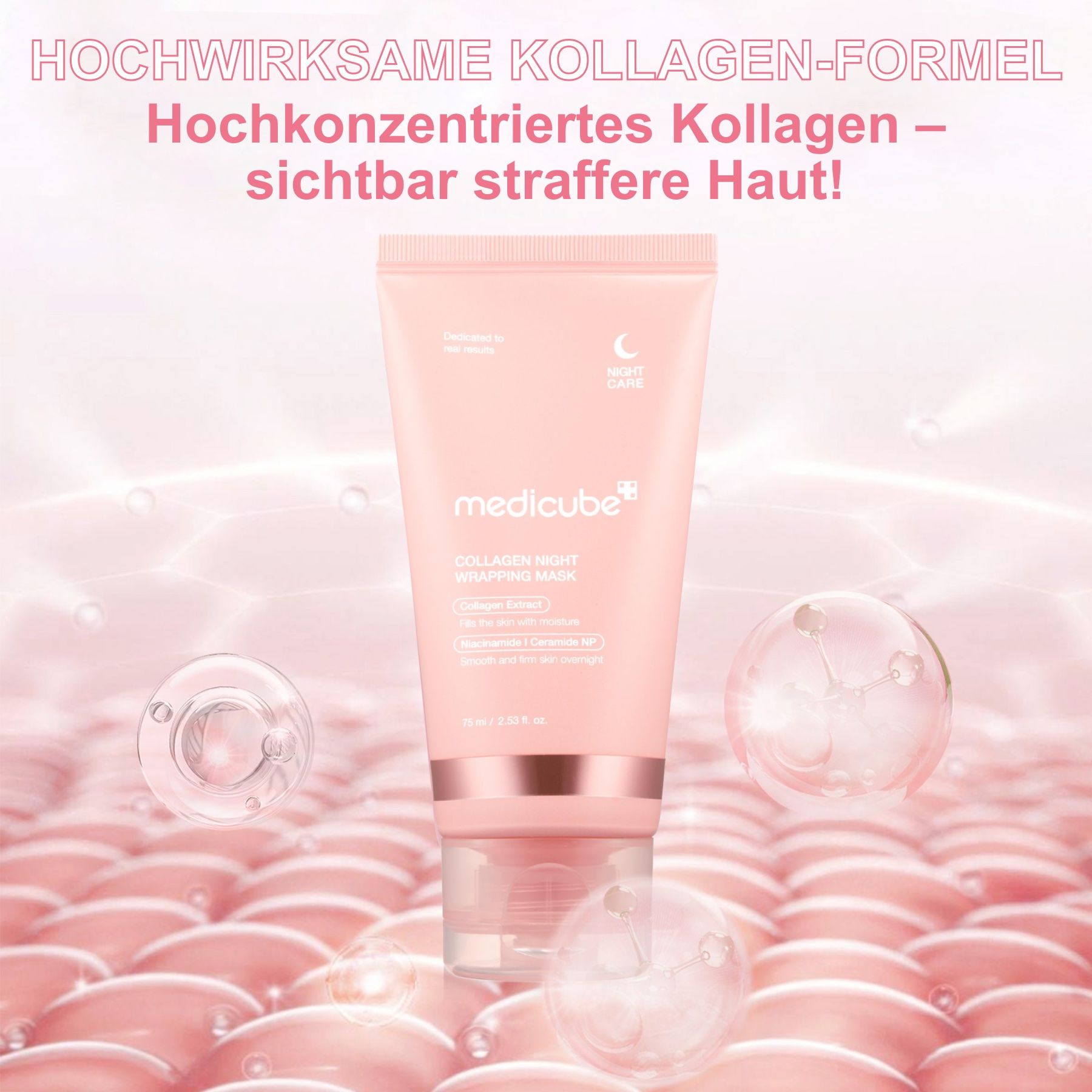 Un tubo di Medicube Collagen Night Wrapping Mask. Tubo rosa con testo bianco. Testo: Collagen Night Wrapping Mask. Sfondo: rosa, bolle.