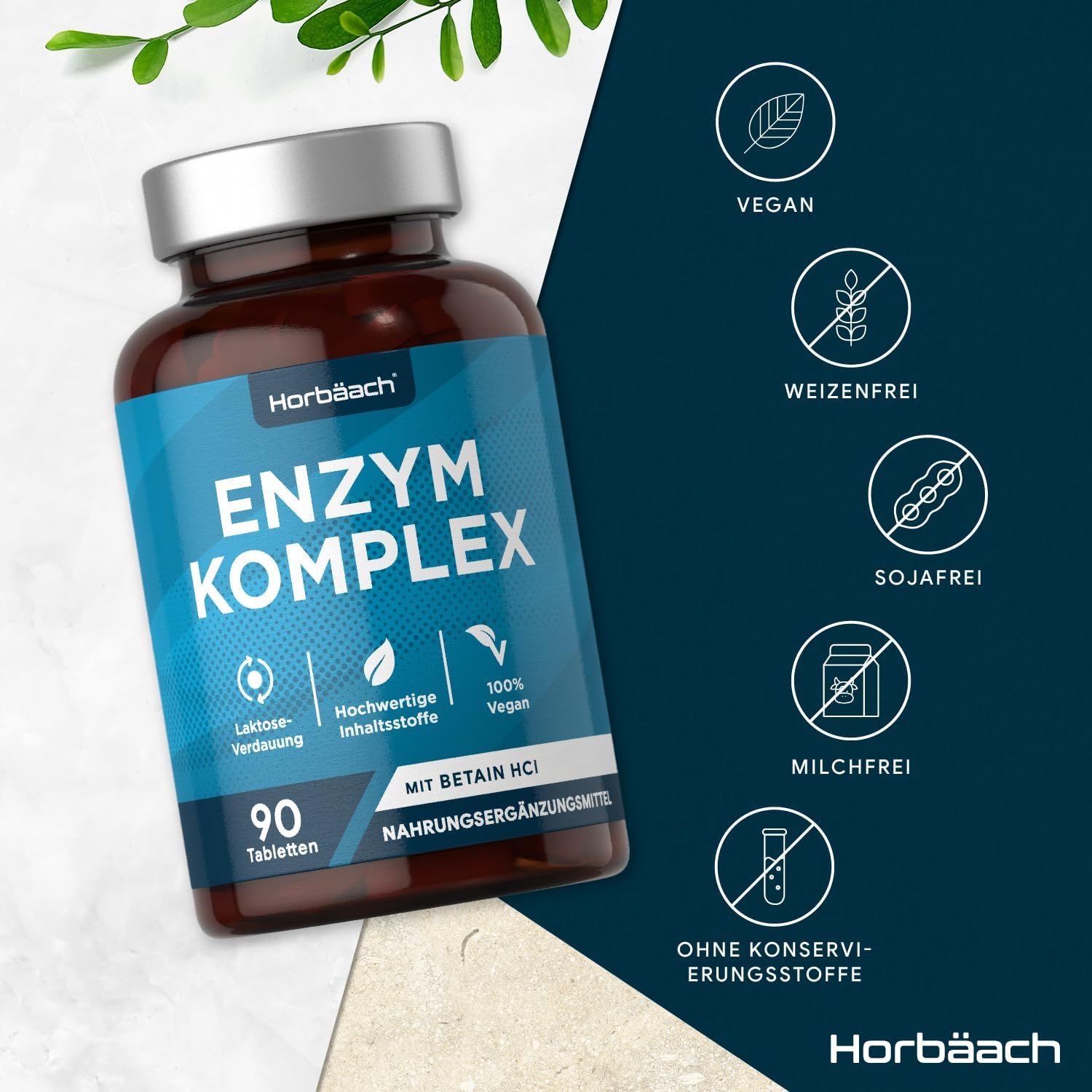 Flacone marrone con etichetta blu. Contiene 90 compresse. Scritta: Enzym Komplex, Horbaach. Vegano, senza glutine, senza soia.