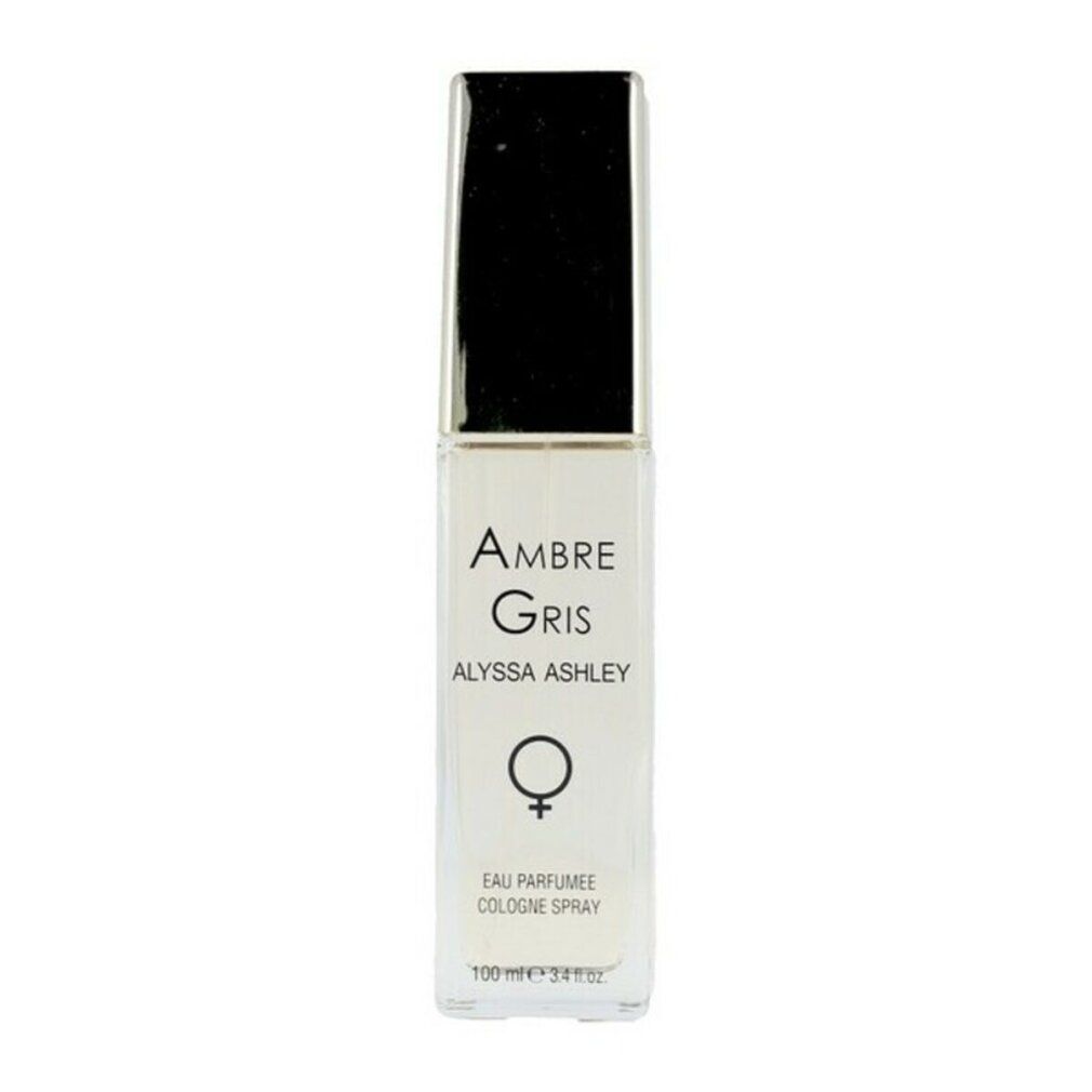 Alyssa Ashley Ambre Gris Eau Parfumee Cologne Spray, 100ml. Flacone trasparente con tappo nero.