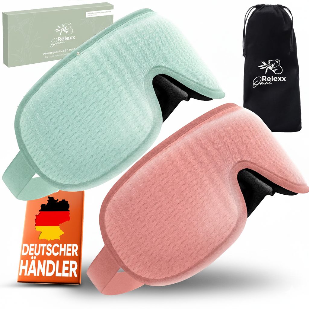 Due mascherine per dormire, turchese e rosa, con sacchetto da viaggio e confezione. Marchio: OMNIRELEXX®.