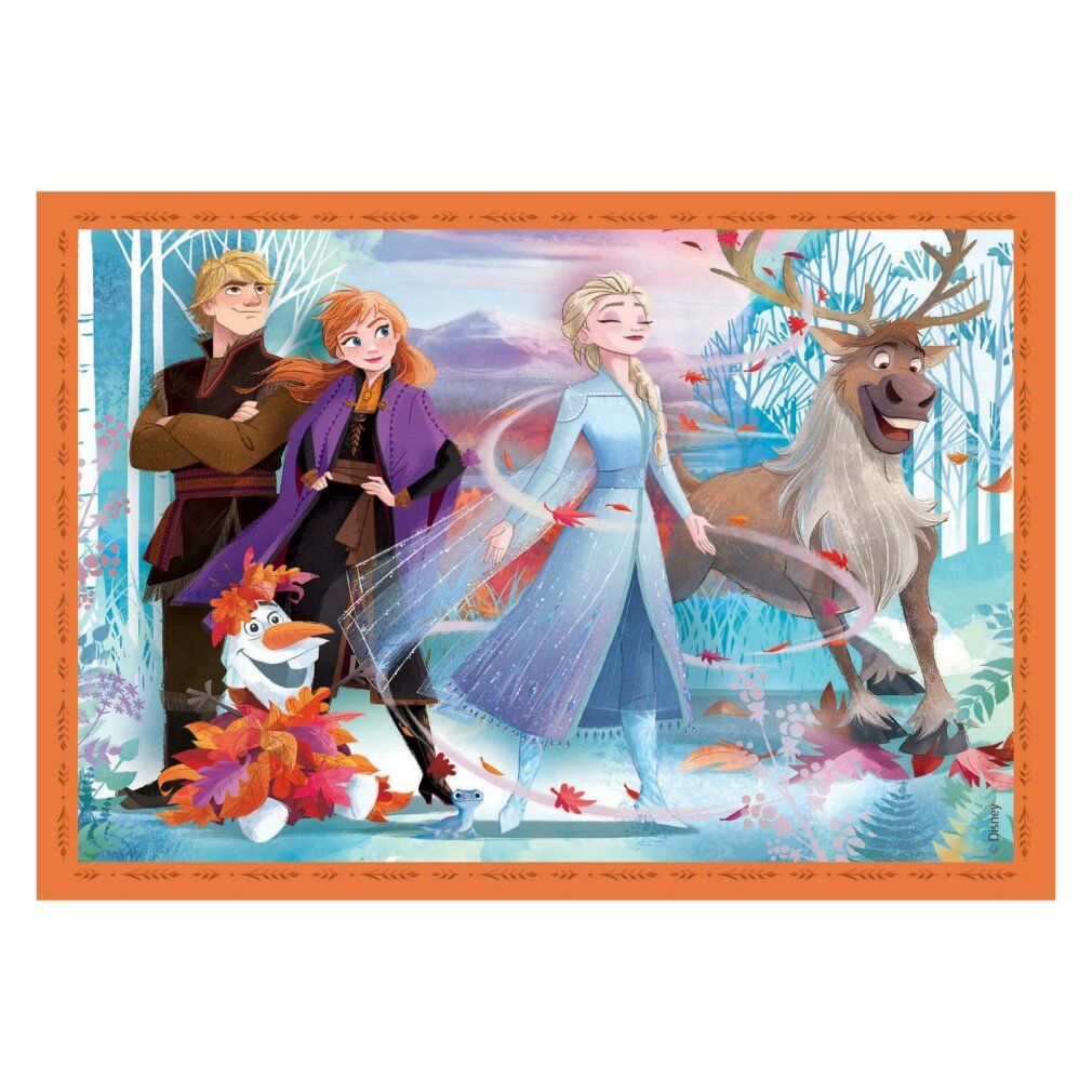Sezione puzzle con Elsa, Anna, Kristoff, Sven e Olaf. Scena in un paesaggio autunnale. Cornice arancione.
