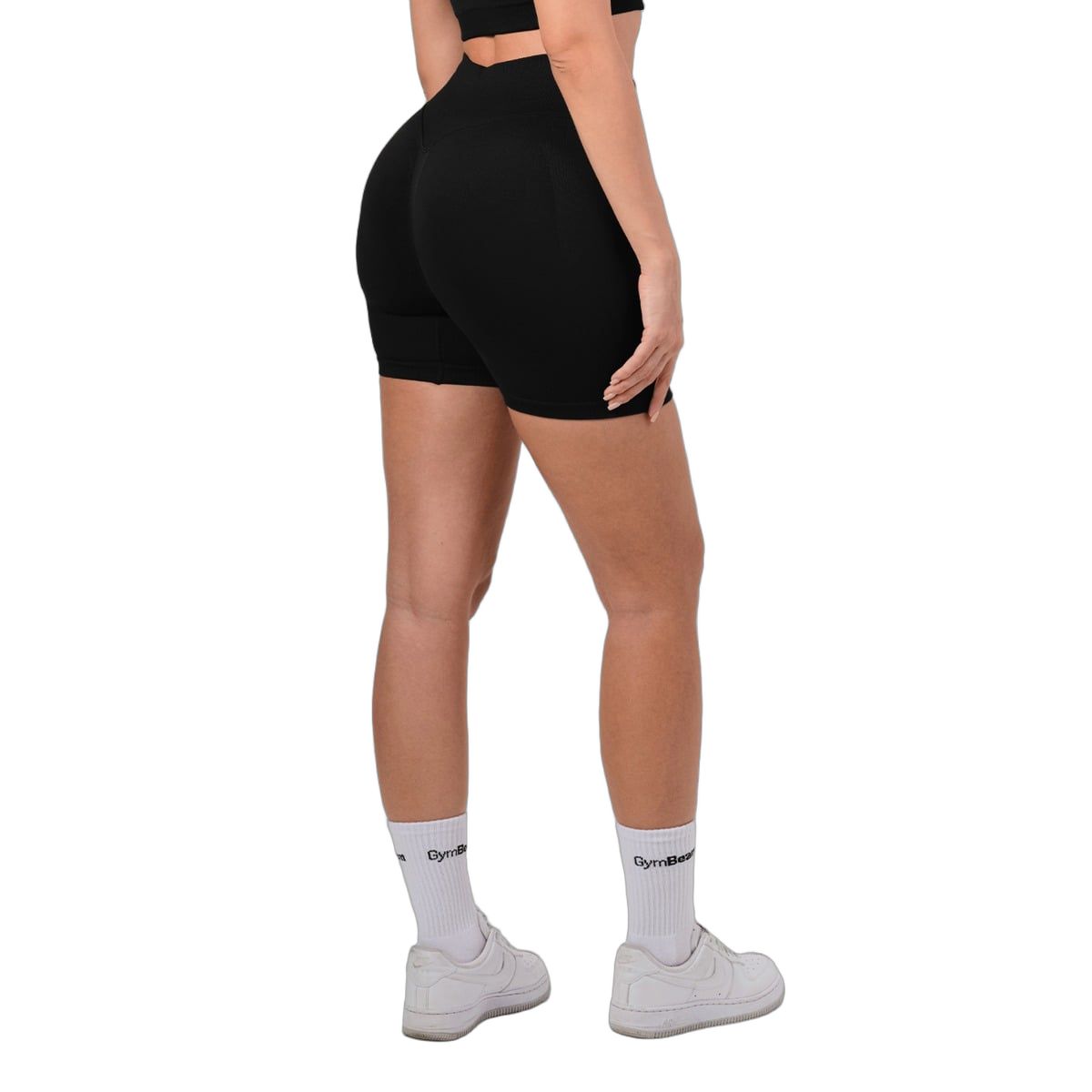Pantaloncini neri da donna a vita alta con elastico, vista posteriore.