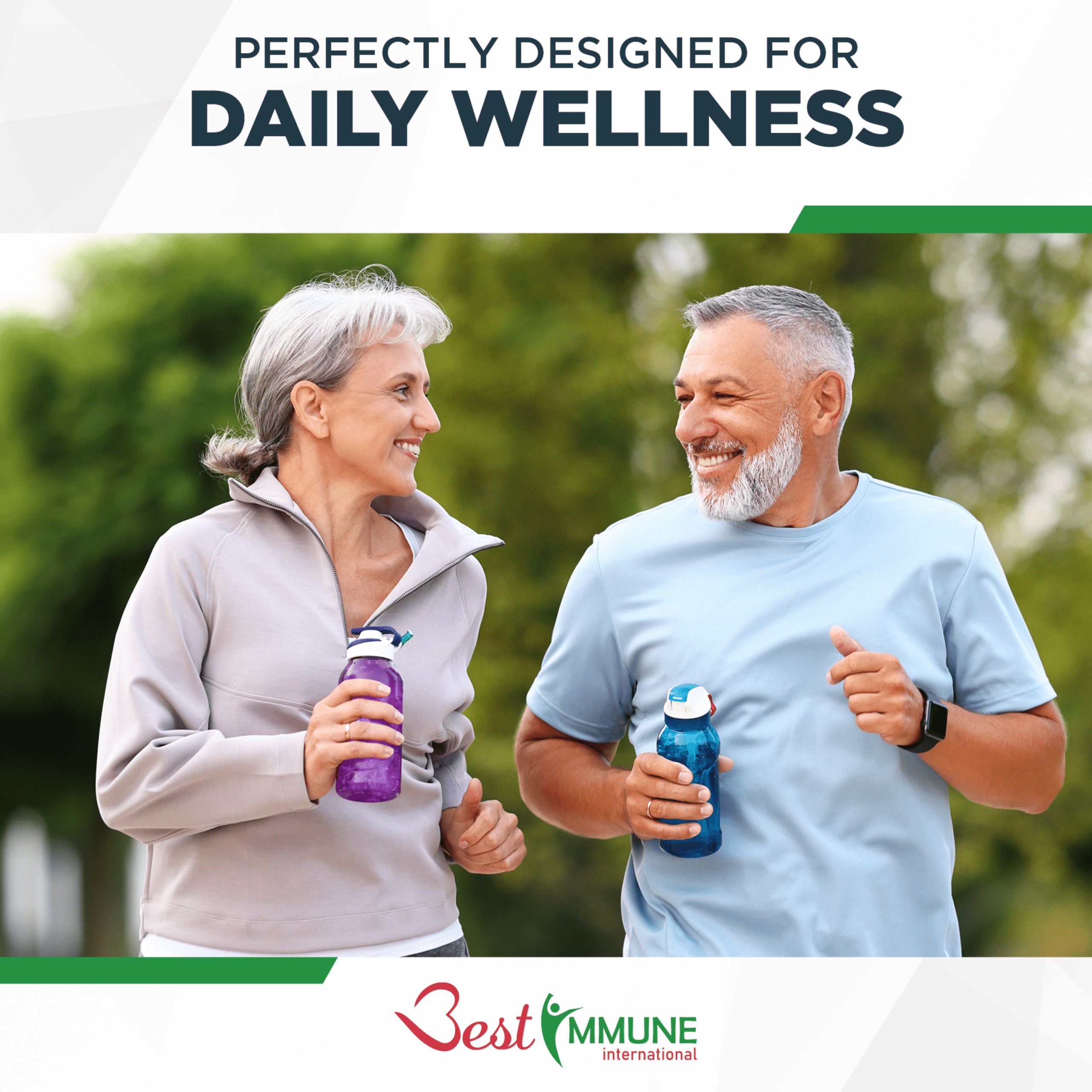 Coppia anziana che fa jogging. Flacone di capsule in primo piano. Scritta: Best Immune. Perfetto per il benessere quotidiano.