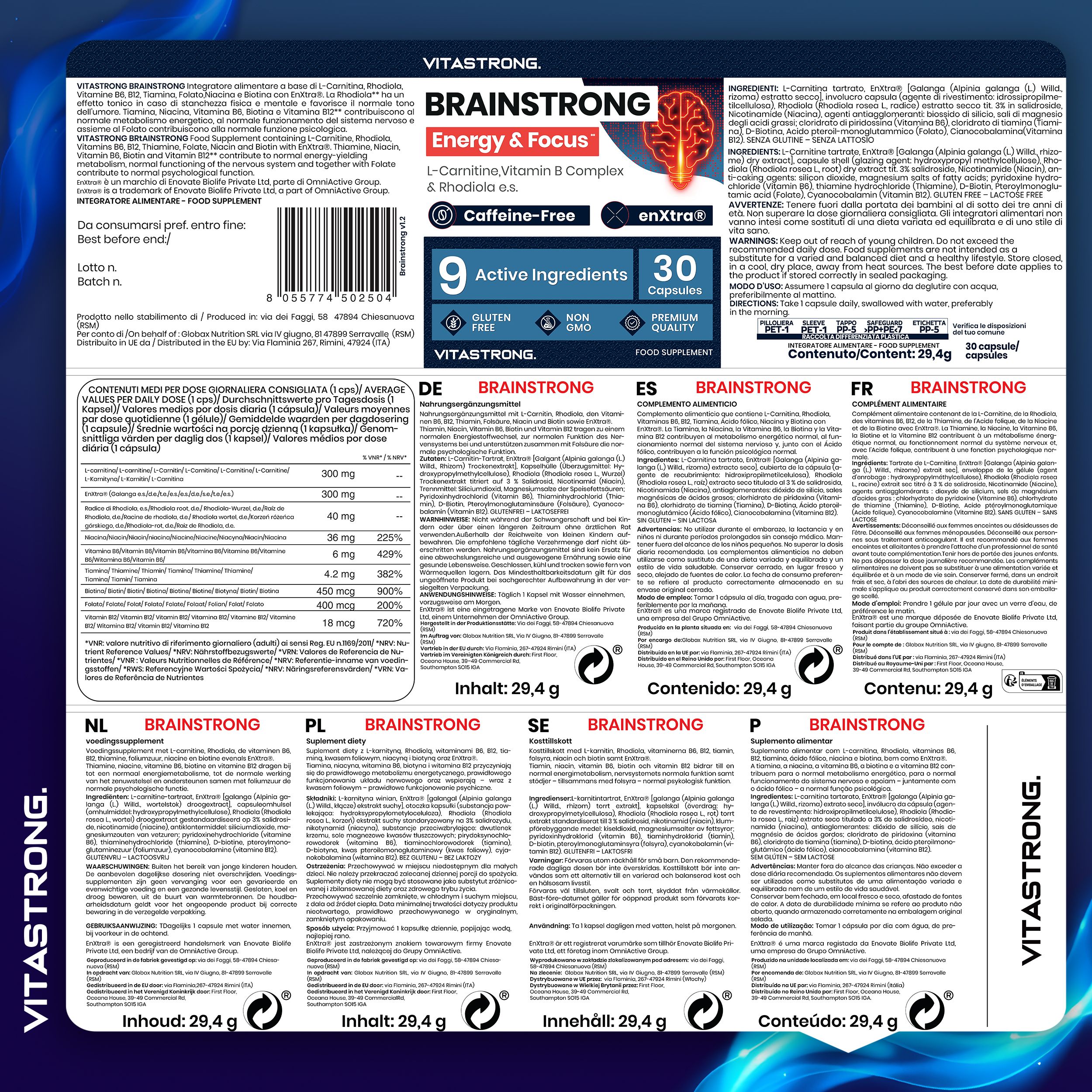 Retro della confezione Brainstrong. Testo: Energy & Focus, 30 capsule, 9 ingredienti attivi. Informazioni nutrizionali in più lingue.