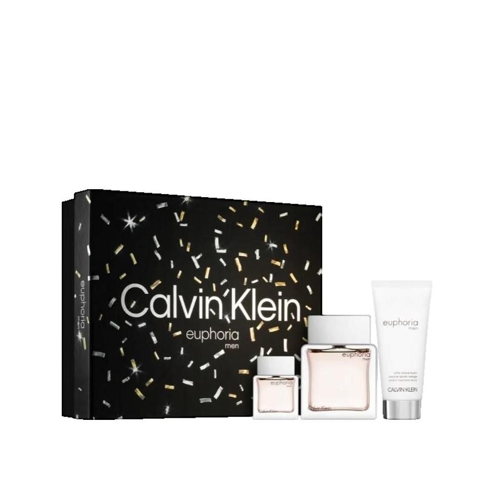 Set regalo Calvin Klein Euphoria Men. Scatola nera, flacone profumo, miniatura e tubo crema.