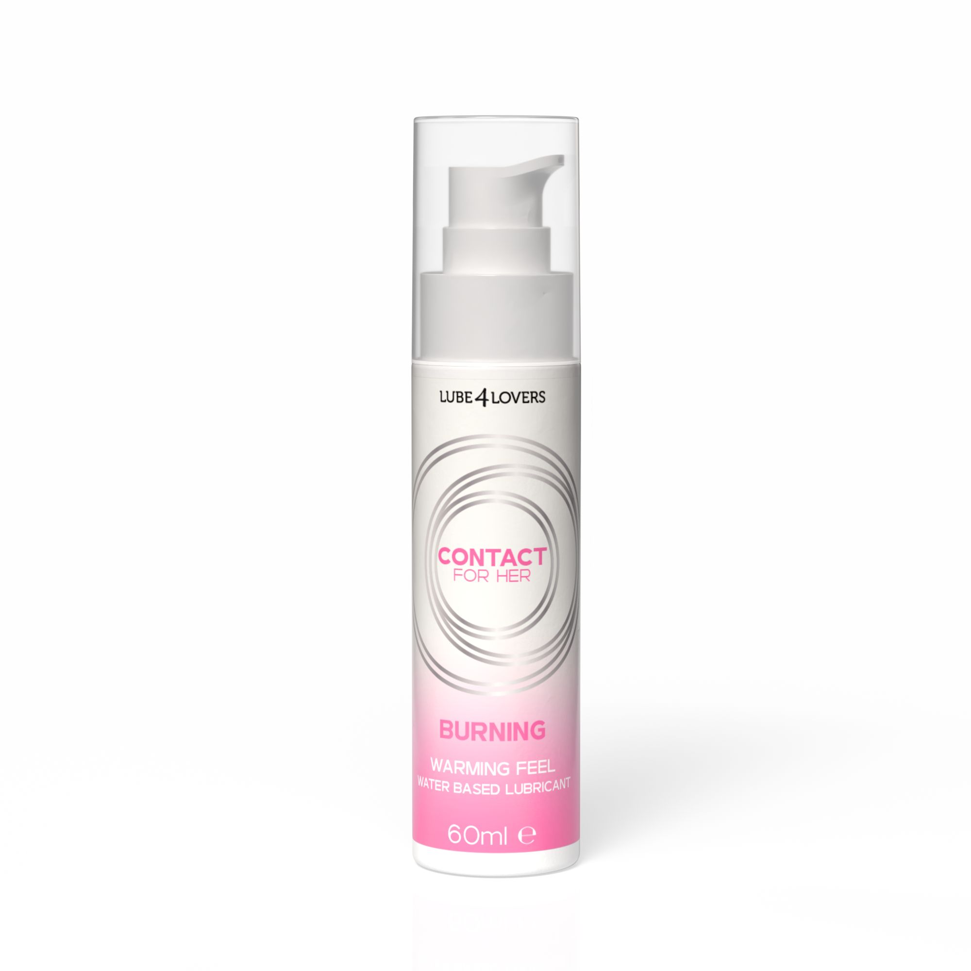 Flacone bianco con pompa ed etichetta rosa. Scritta: CONTACT FOR HER BURNING. 60ml.