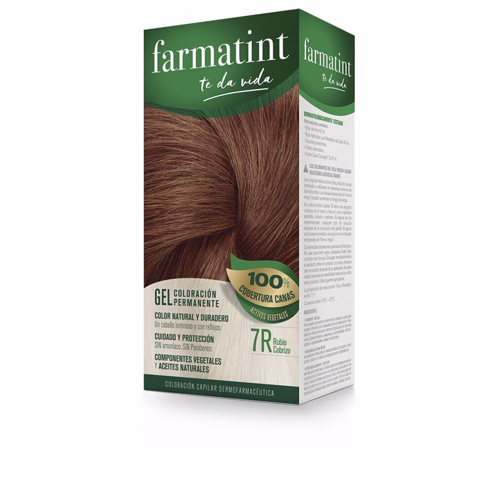 Scatola farmatint per colorazione permanente. Gel Colorazione Permanente. 7R Rubio Cobrizo. Copertura 100% capelli bianchi. Attivi vegetali.