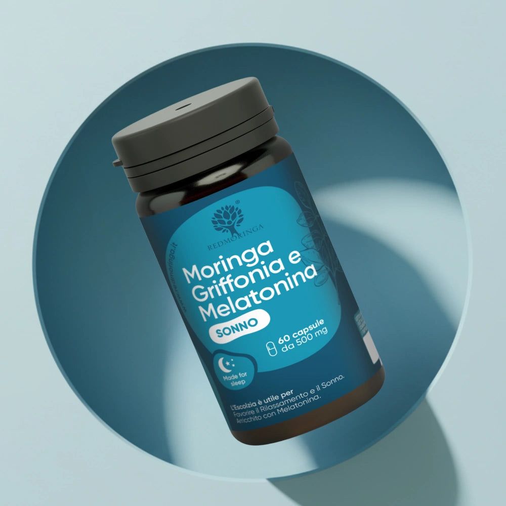 Flacone marrone RedMoringa. Testo: Moringa Griffonia Melatonina, 60 capsule, 500 mg. Per il sonno. In cerchio blu.