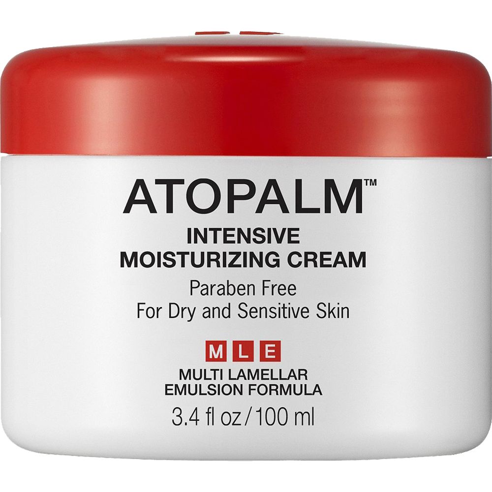 Vasetto bianco con coperchio rosso. Scritta: ATOPALM INTENSIVE MOISTURIZING CREAM. Per pelli secche e sensibili. Formula MLE.