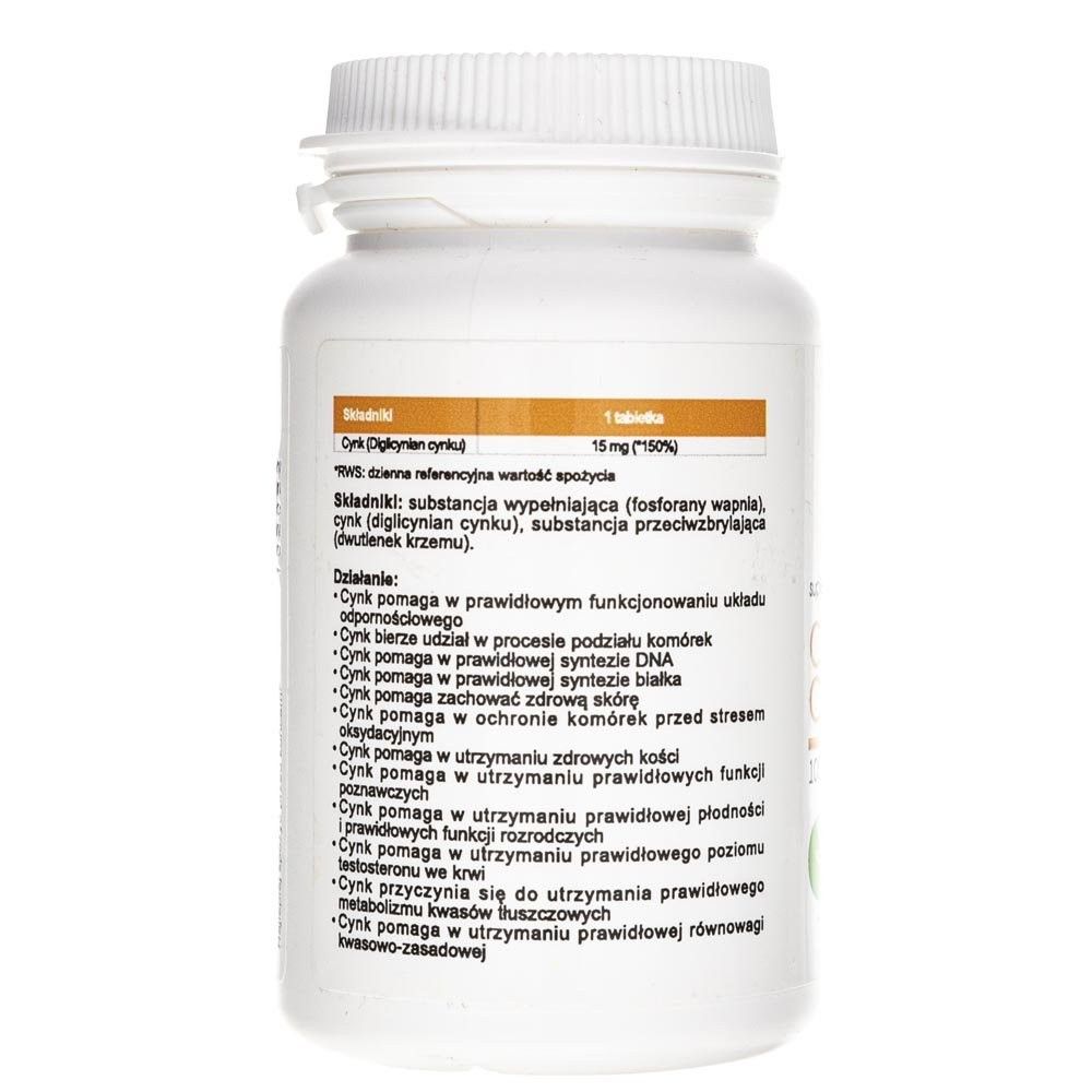 Retro di un barattolo bianco di pillole con elenco ingredienti e descrizione degli effetti. "15 mg di zinco".