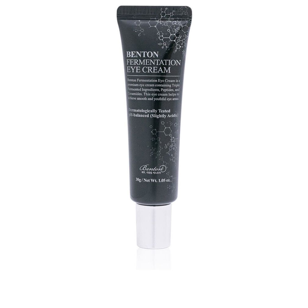 Tubo nero con tappo argentato. Scritta: Benton Fermentation Eye Cream. "Dermatologicamente testato".