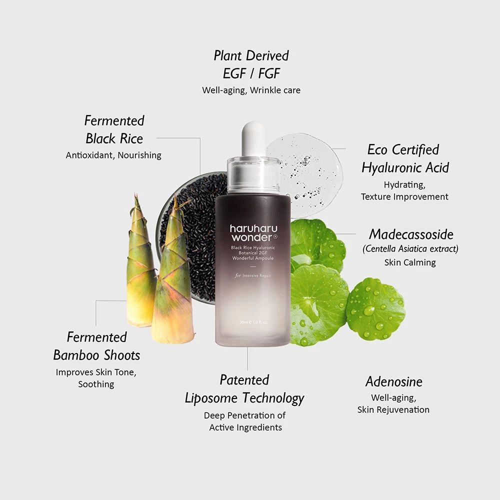 Immagine del prodotto con ingredienti: riso nero fermentato, germogli di bambù, acido ialuronico, madecassoside, adenosina, EGF/FGF.
