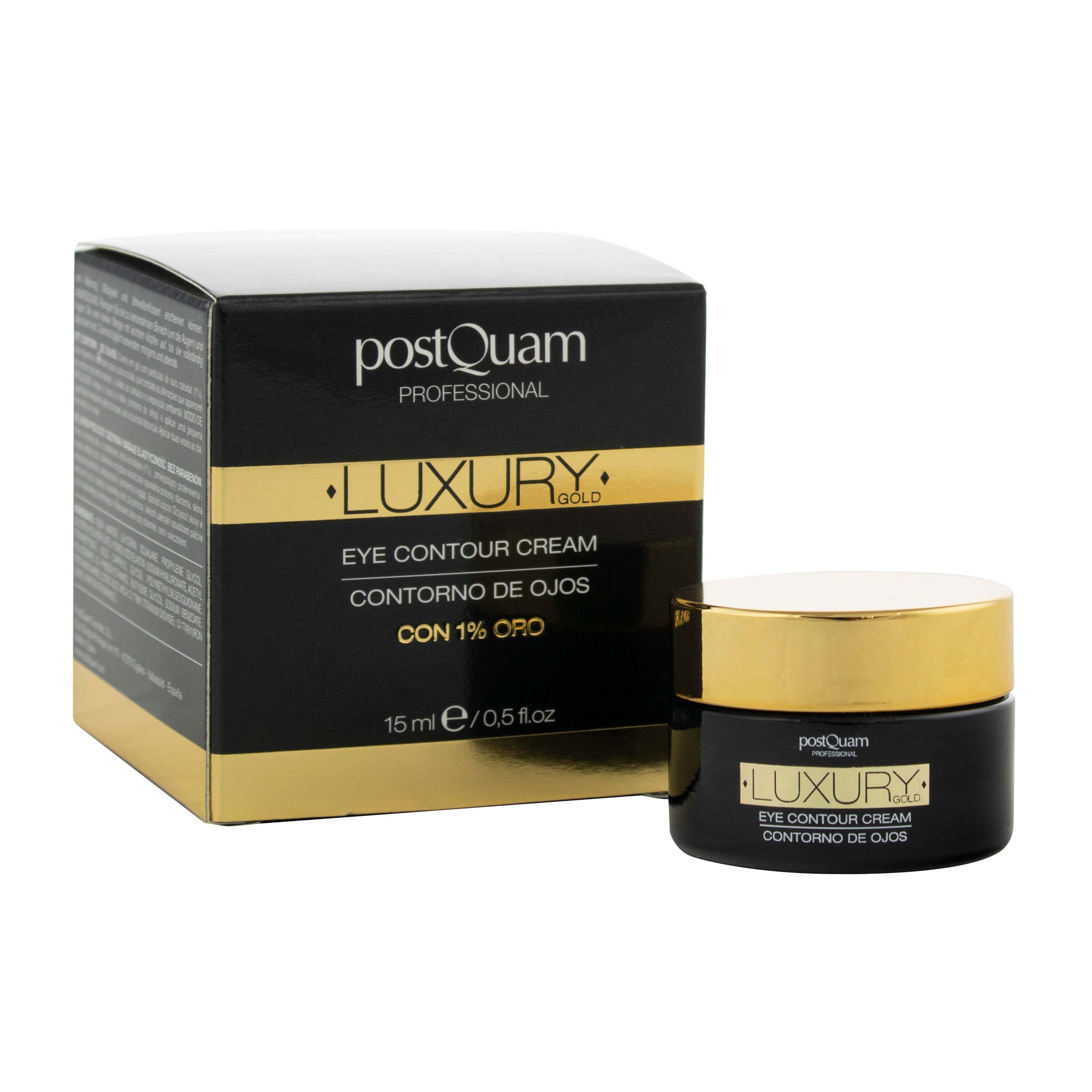 Scatola nera e vasetto. Scritta: LUXURY GOLD EYE CONTOUR CREAM. Marchio: postQuam. Con 1% oro.