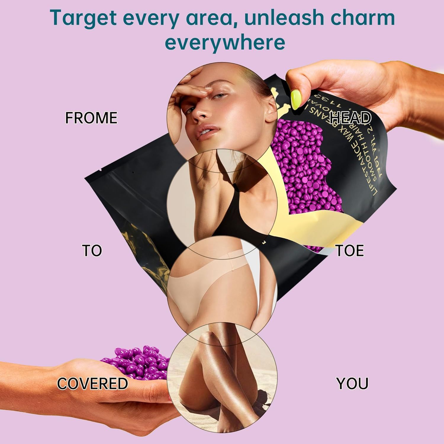 Persona che tiene in mano una confezione nera con perle di cera viola. Testo: Lifestance, Depilatory Wax. Immagini dalla testa ai piedi.