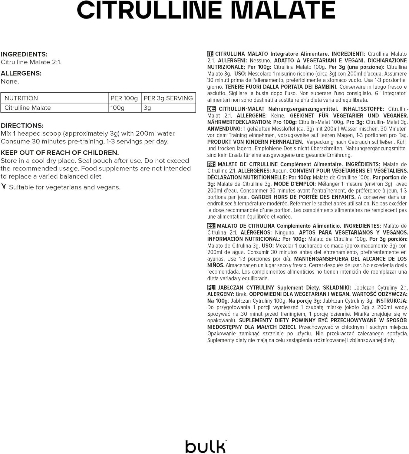 Etichetta con informazioni su Citrulline Malate 2:1. Contiene ingredienti, allergeni, valori nutrizionali e istruzioni per l'uso.
