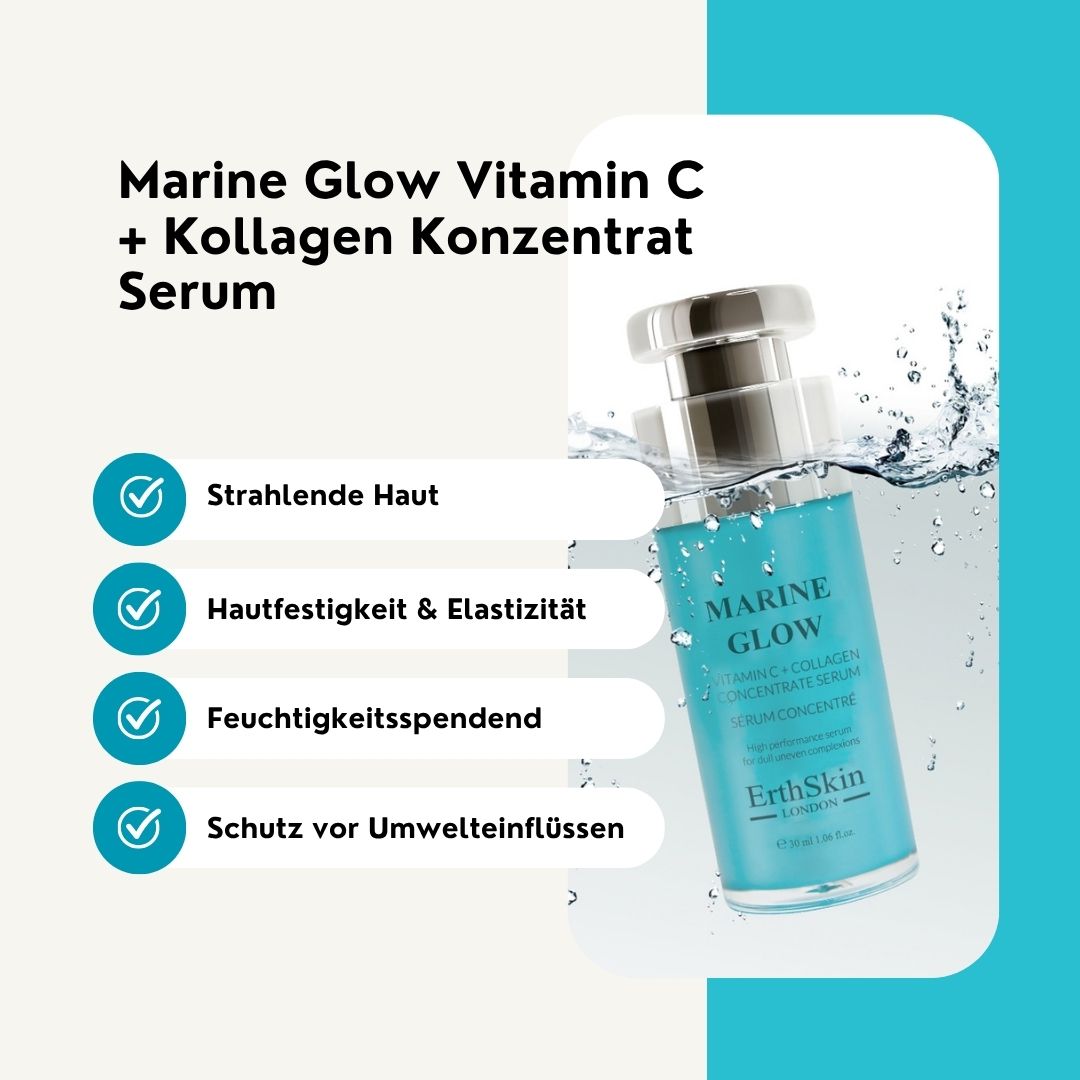 Flacone di siero nell'acqua. Scritta: Marine Glow, Vitamina C + Collagene. Marchio: ErthSkin London. Testo: Pelle radiosa, Compattezza ed elasticità della pelle, Idratazione, Protezione dagli agenti esterni.
