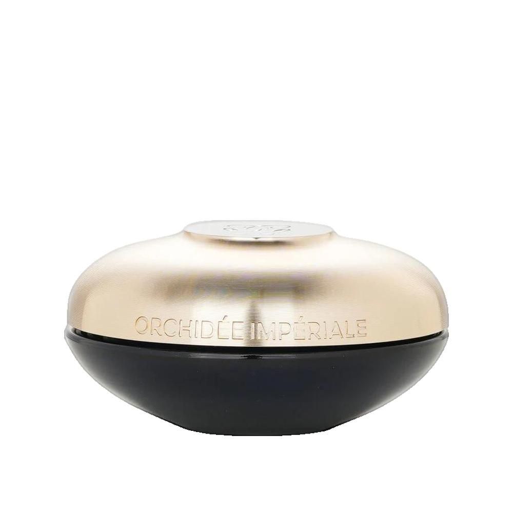 Crema dorata con base nera. Scritta Orchidée Impériale. Design rotondo.
