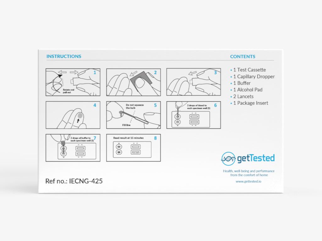 Confezione con istruzioni e contenuto. Contiene cassetta di test, contagocce, tampone, tampone alcolico, lancette e foglietto illustrativo.