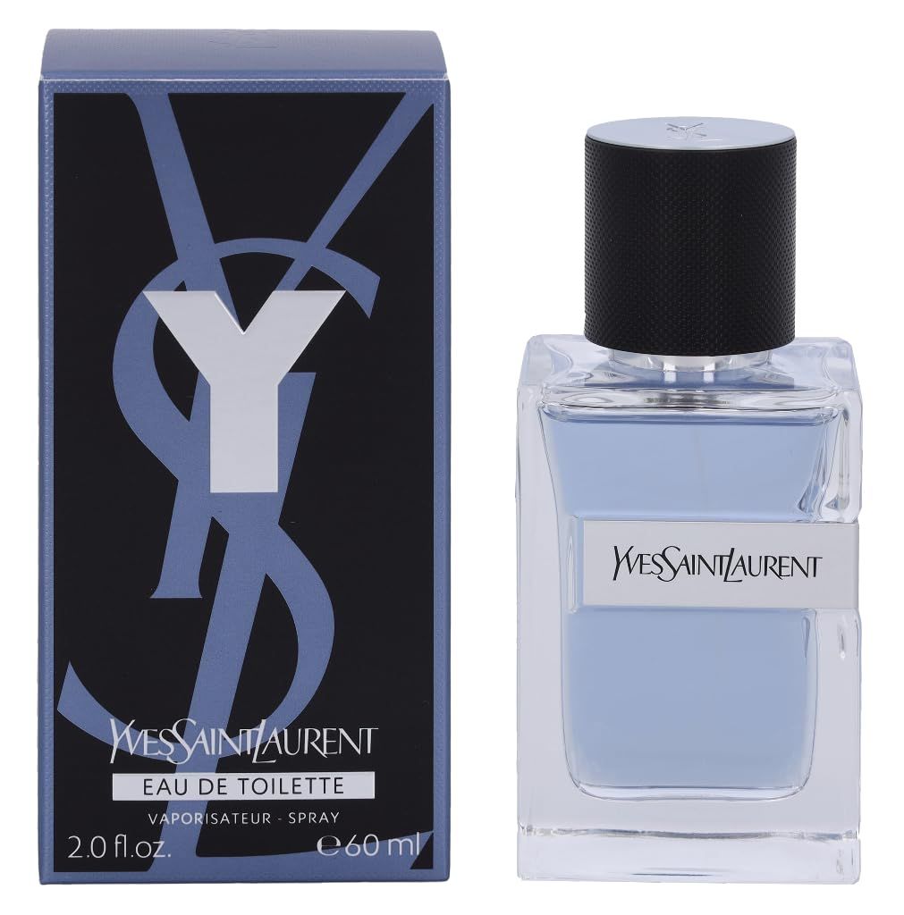 Flacone e confezione Yves Saint Laurent Y Men EdT. Flacone rettangolare, tappo nero. Liquido blu. Confezione con logo YSL.