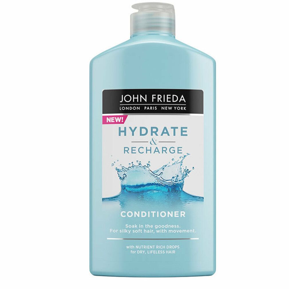 Flacone azzurro John Frieda Hydrate & Recharge Conditioner. Etichetta con grafica d'acqua. Scritta: Conditioner.