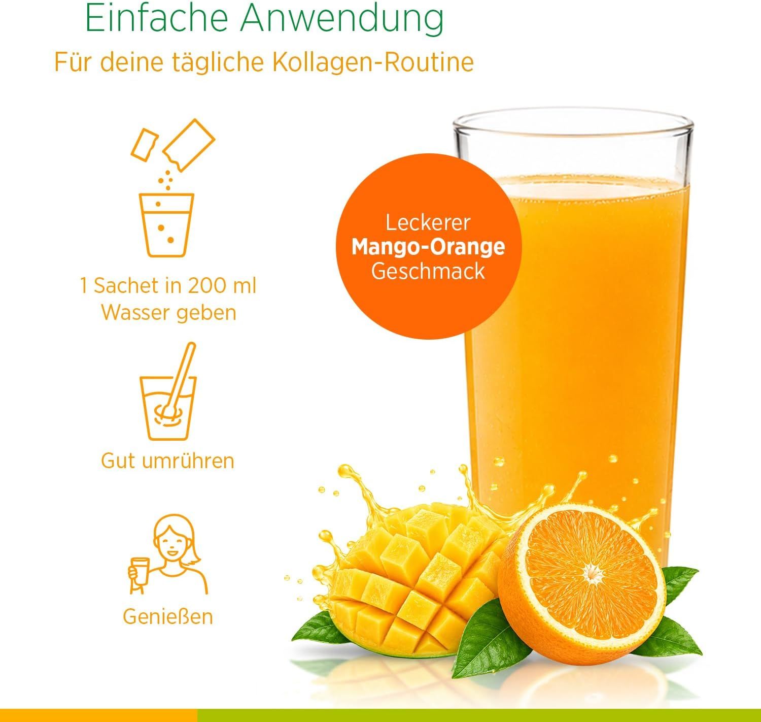 Utilizzo: 1 bustina in 200ml d'acqua, mescolare, gustare. Sapore mango-arancia.