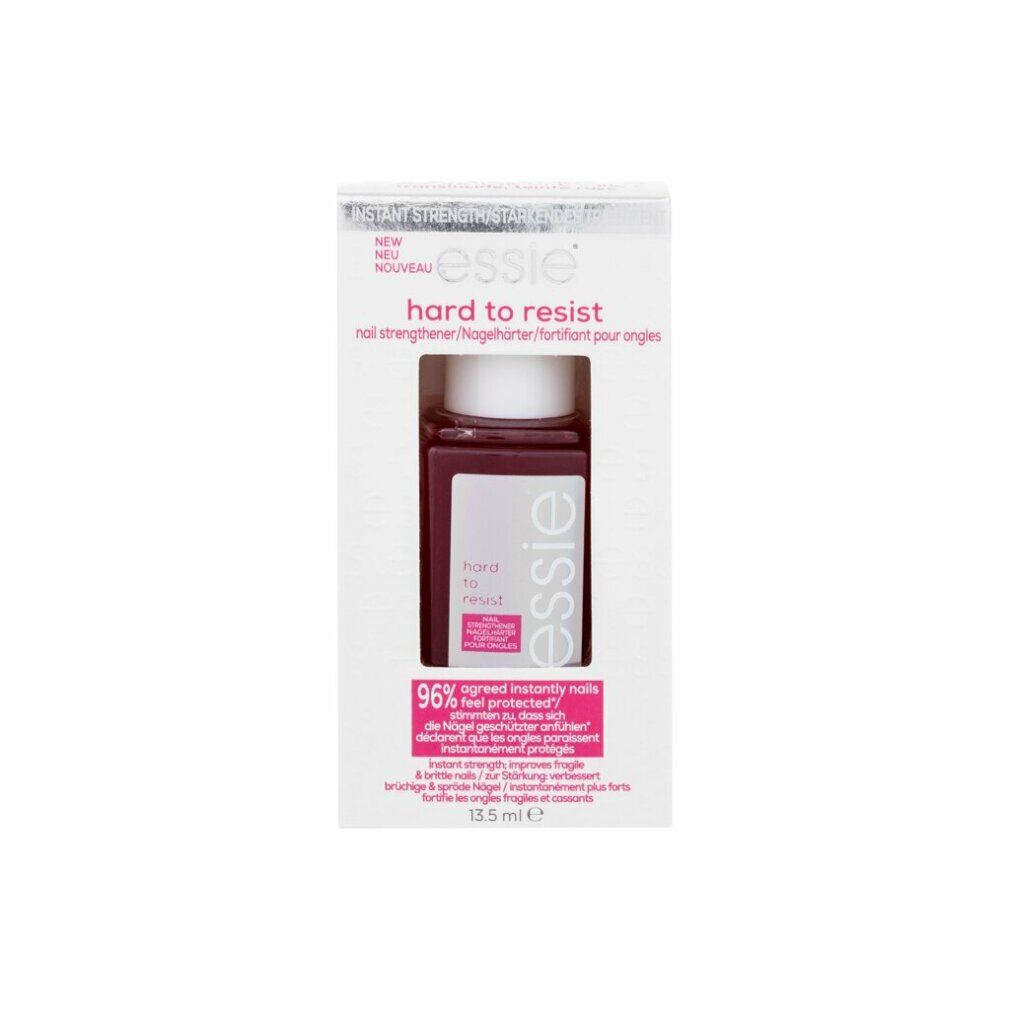 Confezione con flacone di rinforzante per unghie. Scritta "essie hard to resist nail strenghtener". Testo: "96% agreed instantly nails feel protected".