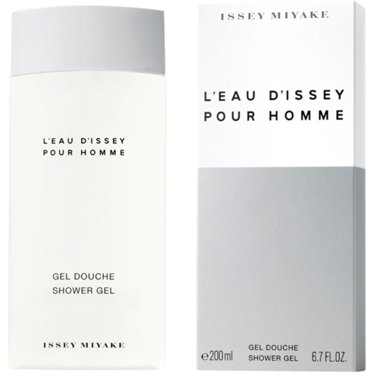 Gel doccia bianco e confezione. Scritta: L'Eau d'Issey pour Homme, Gel Douche, Shower Gel. Marchio: Issey Miyake.