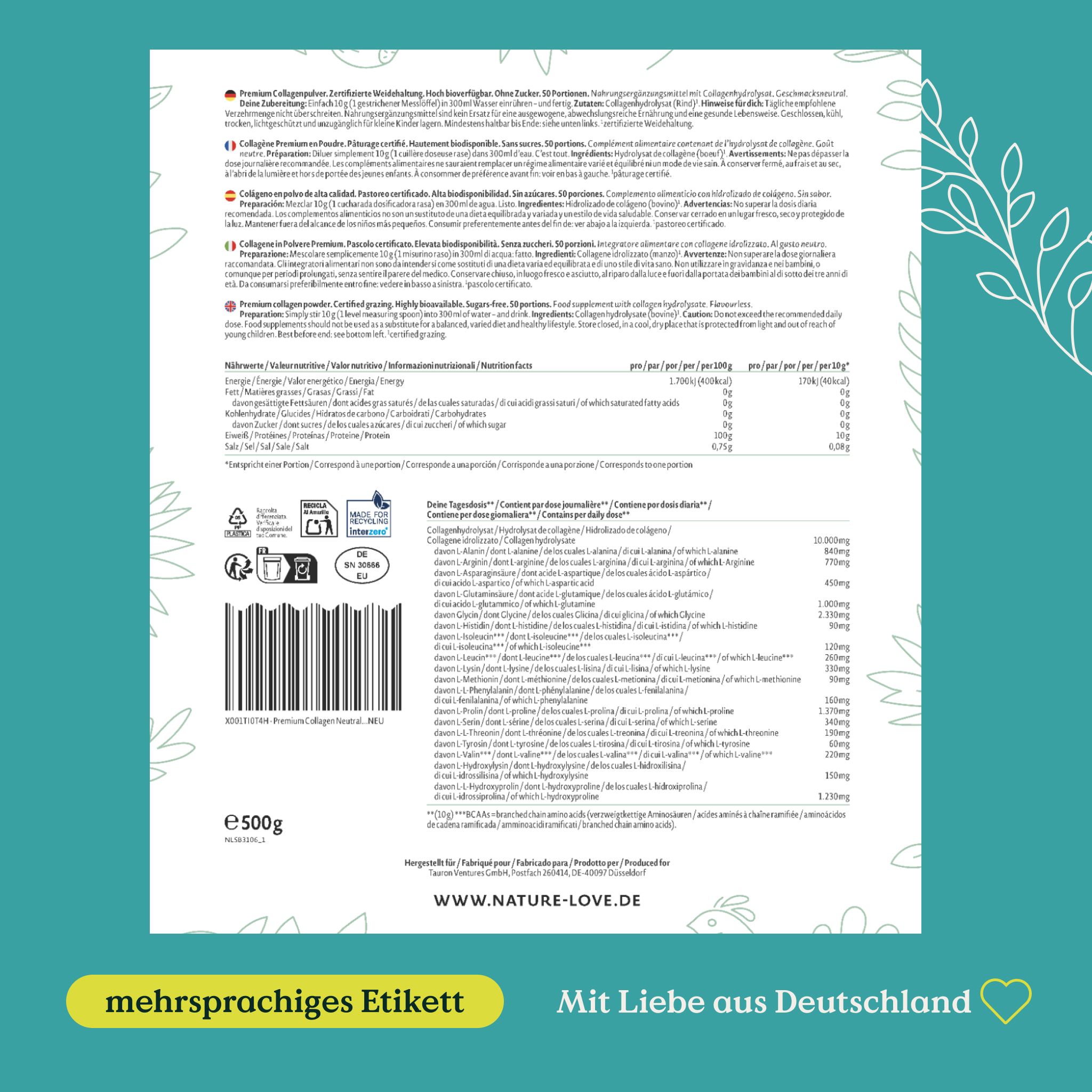 Retro della confezione NATURE LOVE® Collagenpulver. Etichetta multilingue con informazioni nutrizionali e ingredienti. E500g.