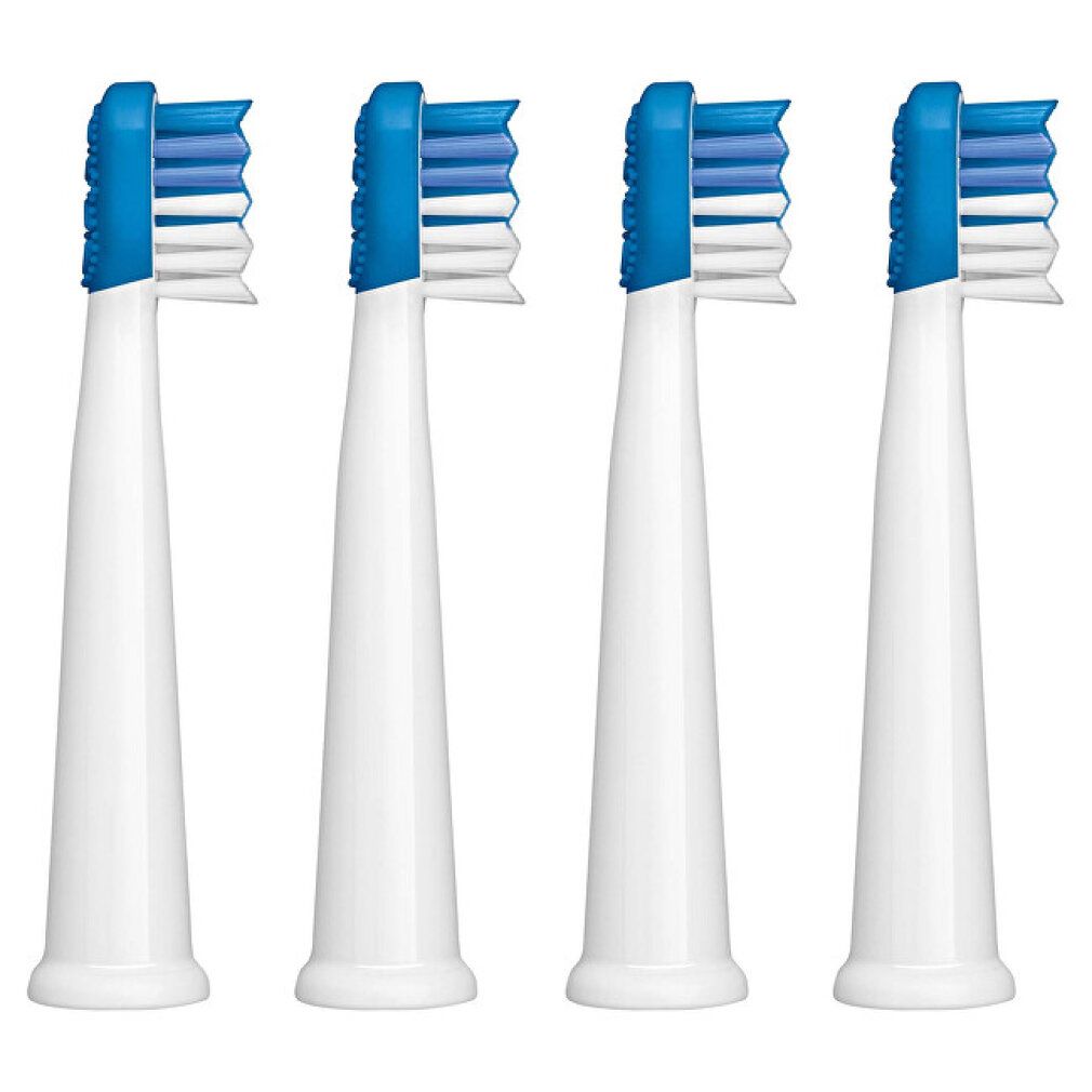 Quattro testine per spazzolino bianche con setole e teste blu. Forma conica.