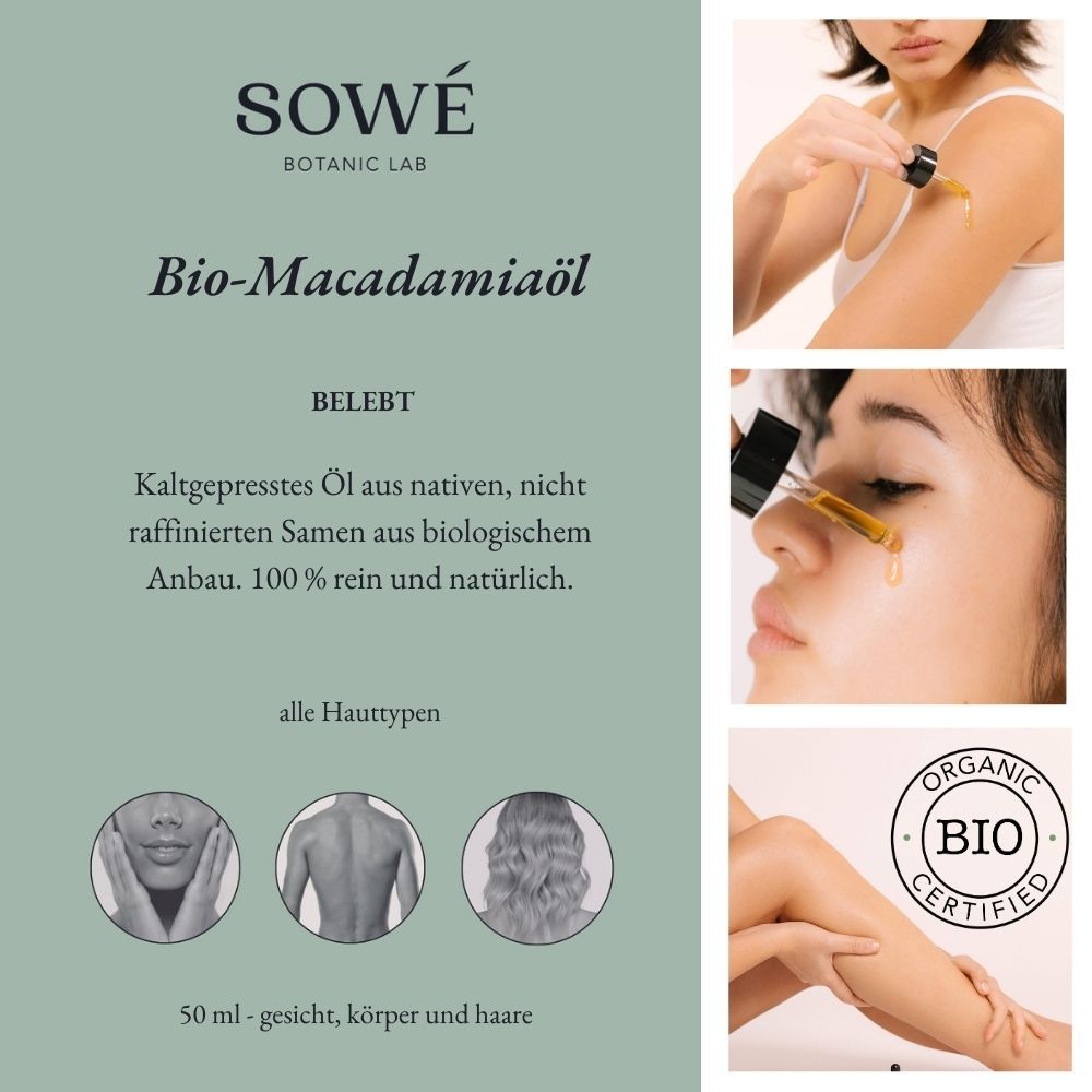 Pannello pubblicitario con "SOWÉ" e "Bio-Macadamiaöl". Immagini d'uso e marchio bio.
