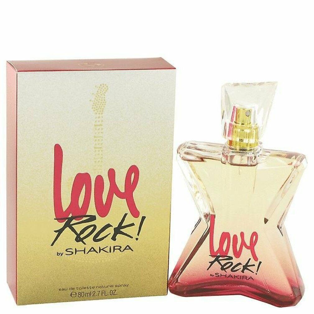 Spray Eau de Toilette e confezione. Flacone a forma di chitarra, rosa-giallo. Scritta: Love Rock! by Shakira.