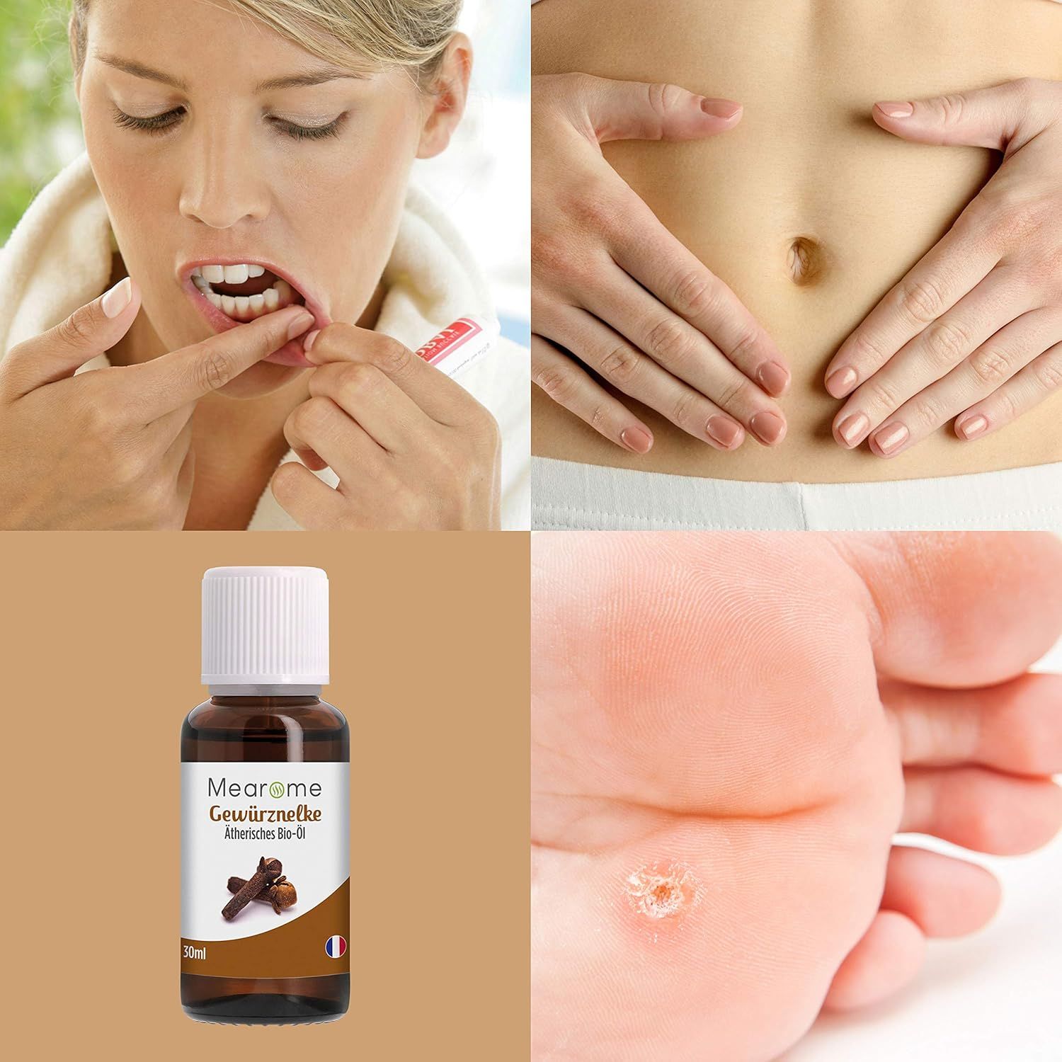 Combinazione di immagini. Donna in bocca, pancia, piede. Bottiglia con etichetta del prodotto. Prodotto ed esempi di utilizzo.