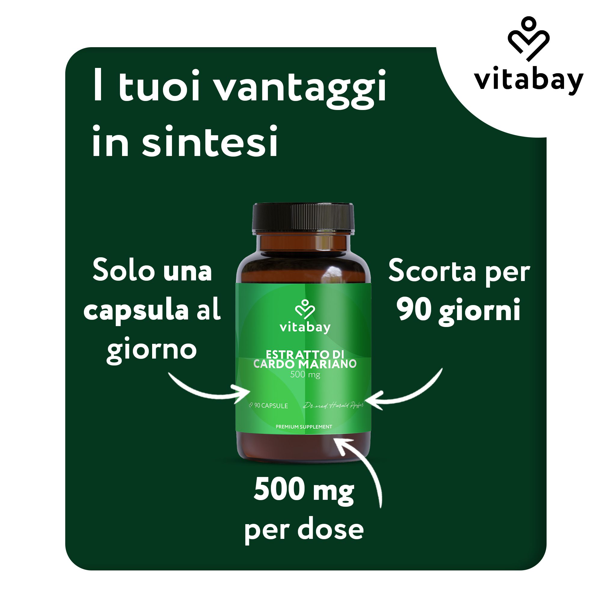 Capsule Vitabay Estratto di Cardo Mariano 500 mg, una capsula al giorno, scorta 90 giorni.